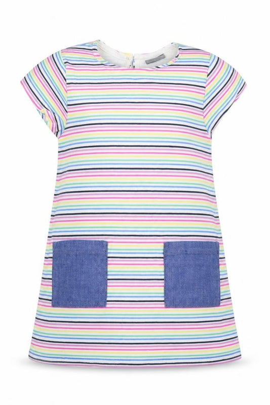 Front view of Next girls’ multicoloured striped viscose a-line, size 9-12, months crew neck
