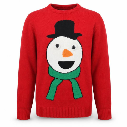 Front view of Cedarwood State men’s red crew neck acrylic jumper, size XS, - snowman christmas