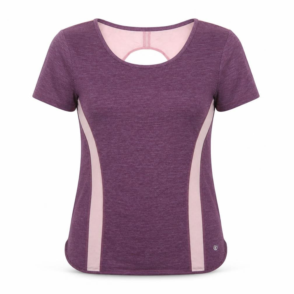 Front view of Dunnes women’s purple nylon basic t-shirt, size S, round neck
