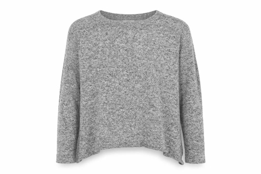 Front view of River Island women’s grey crew neck polyester jumper, size UK 12