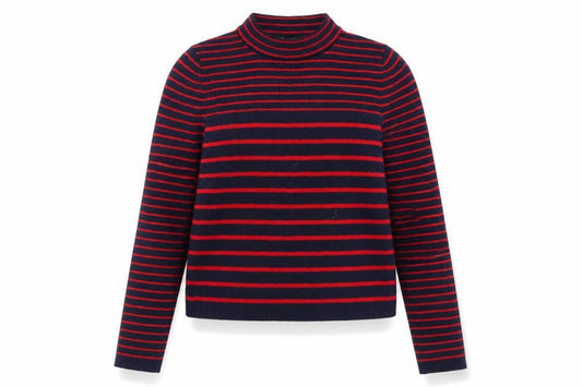 Front view of New Look women’s blue crew neck striped polyester jumper, size UK 8