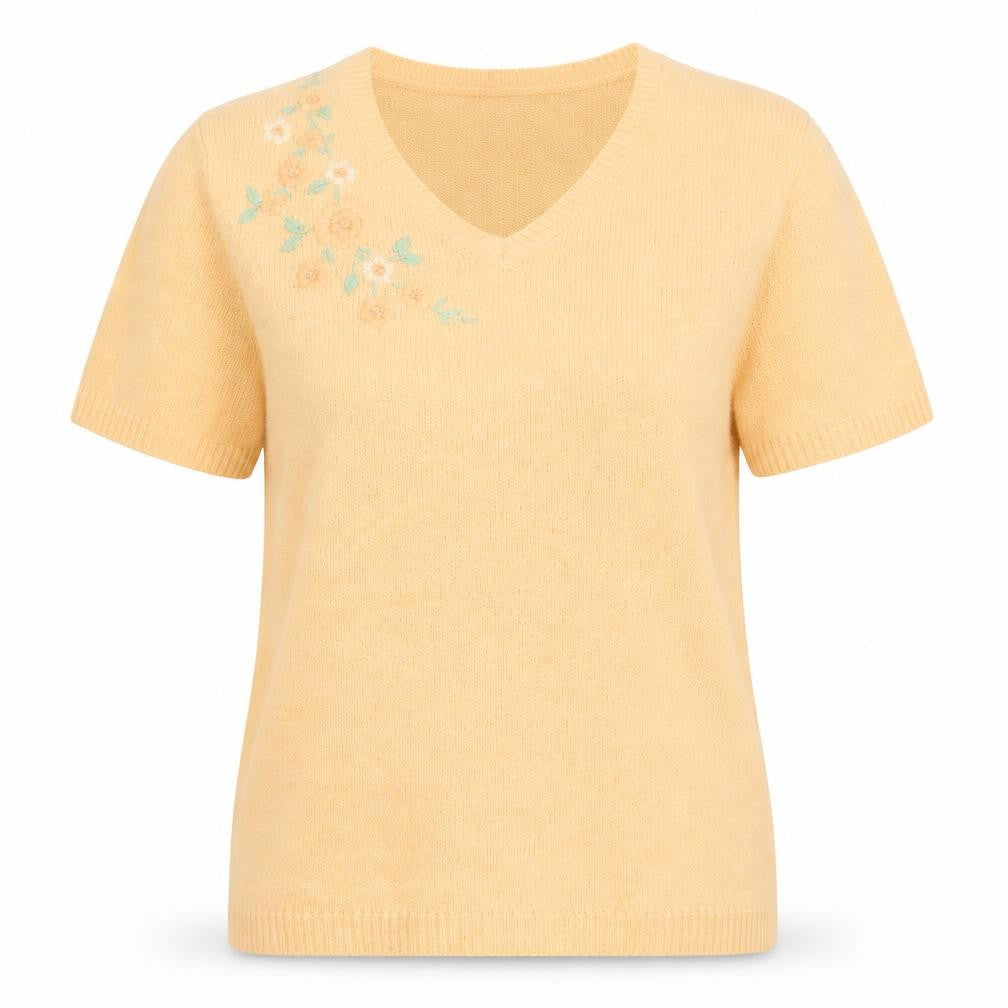 Front view of Editions women’s orange floral acrylic basic t-shirt, size UK 12, v-neck