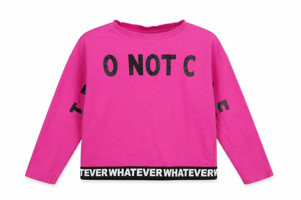 Front view of Funky Rocks girls’ pink 100% cotton pullover sweatshirt, size 11-12, years pullover - i don't care