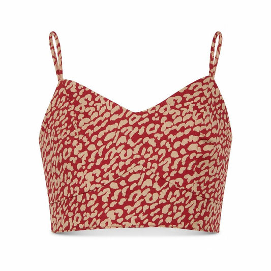 Front view of Quiz women’s red animal print polyester cropped blouse, size UK 10, sweetheart