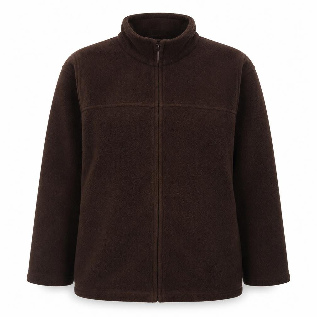 Front view of EWM women’s brown polyester full zip sweatshirt, size UK 14, zip