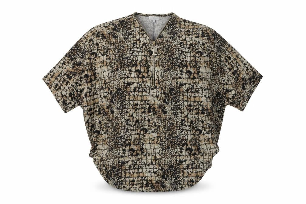 Front view of Blue Vanilla women’s brown round neck animal print polyester jumper, size M