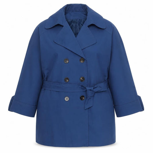 Front view of Square women’s blue pea coat coat, size L, button