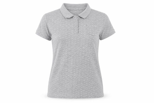 Front view of Essentials women’s grey polka dot cotton basic polo, size UK 8, collared