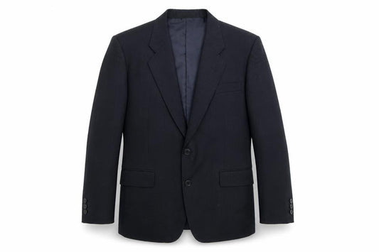 Front view of Made In England men’s blue striped jacket blazer, size 42, button