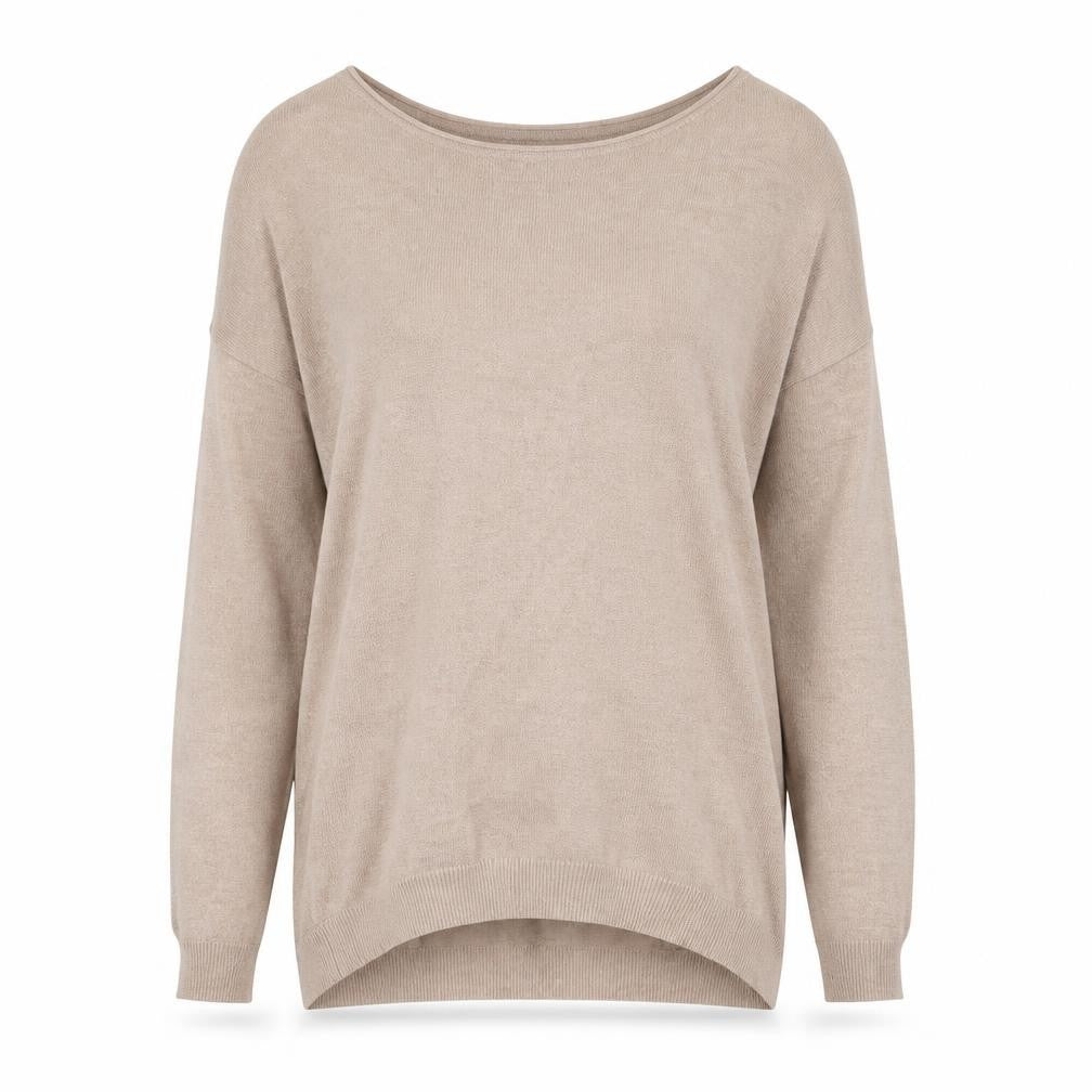 Front view of Atmosphere women’s beige boat neck viscose jumper, size XS