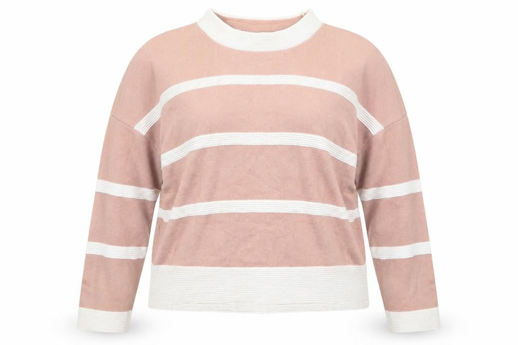 Front view of Atmosphere women’s pink crew neck striped acrylic jumper, size UK 14