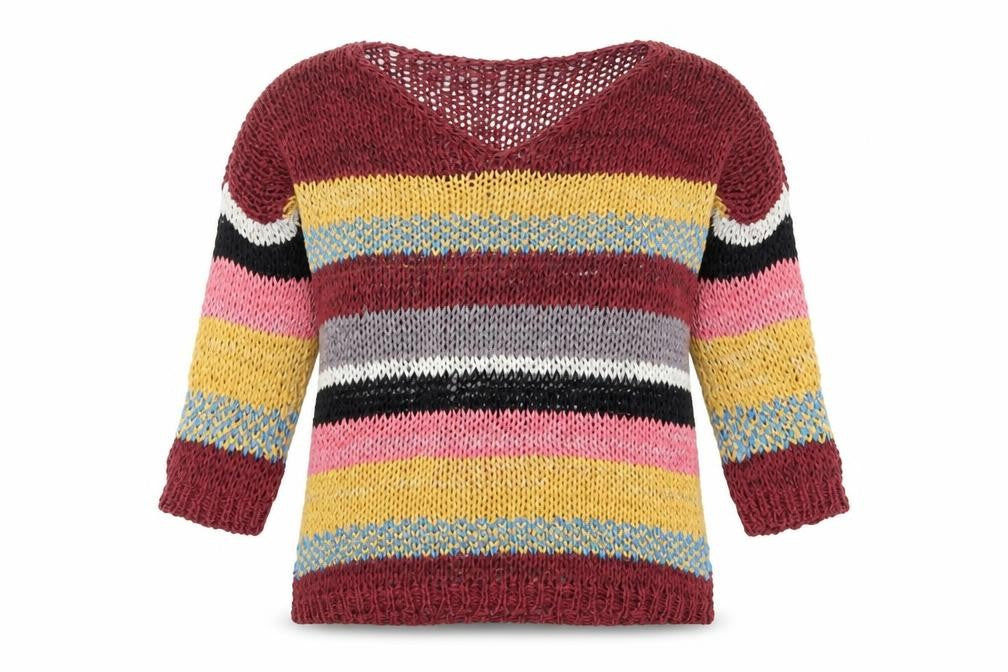 Front view of River Island women’s multicoloured v-neck striped polyester jumper, size UK 10