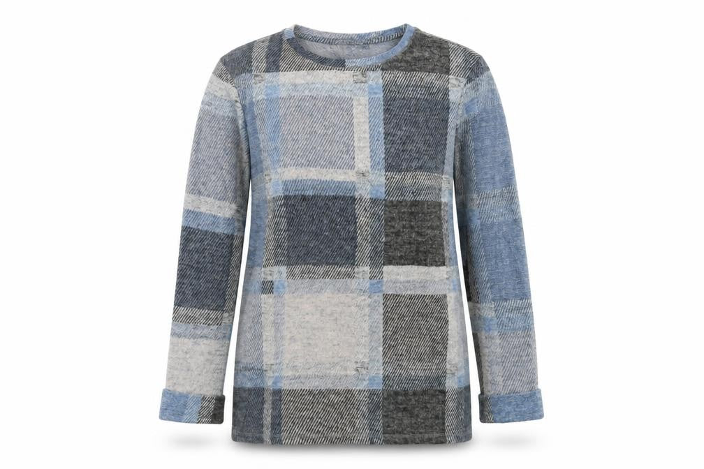 Front view of Marks & Spencer women’s blue crew neck check polyester jumper, size UK 10