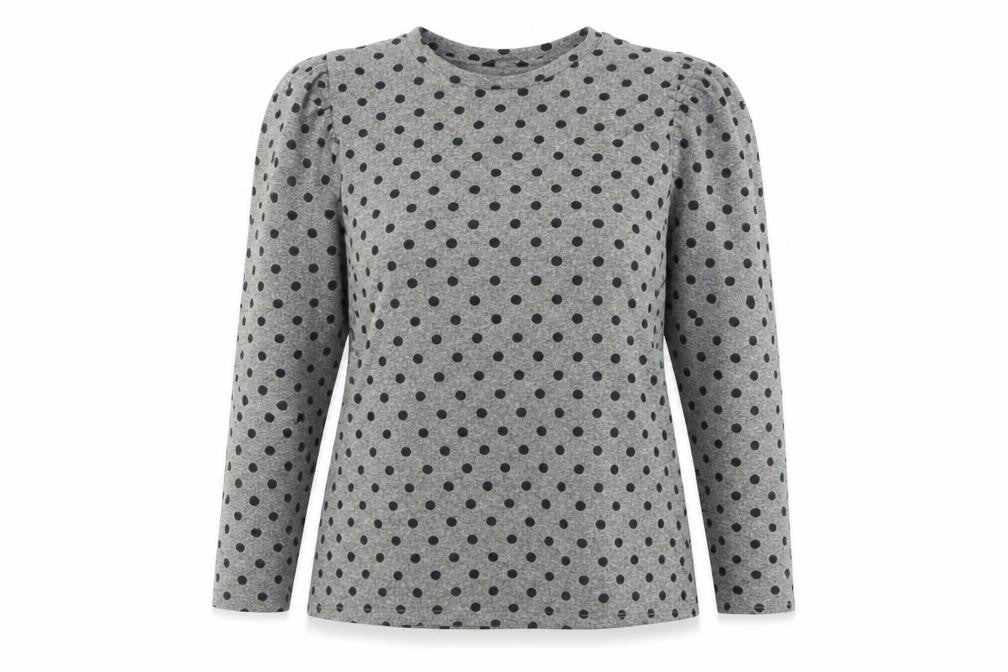 Front view of M&Co women’s grey crew neck polka dot polyester jumper, size UK 16