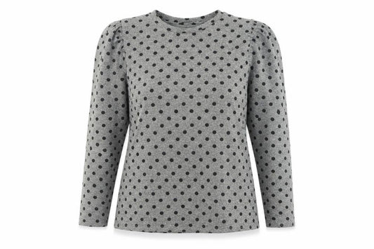 Front view of M&Co women’s grey crew neck polka dot polyester jumper, size UK 16