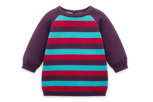 Front view of Peacocks girls’ purple striped viscose jumper, size 0-3, months button