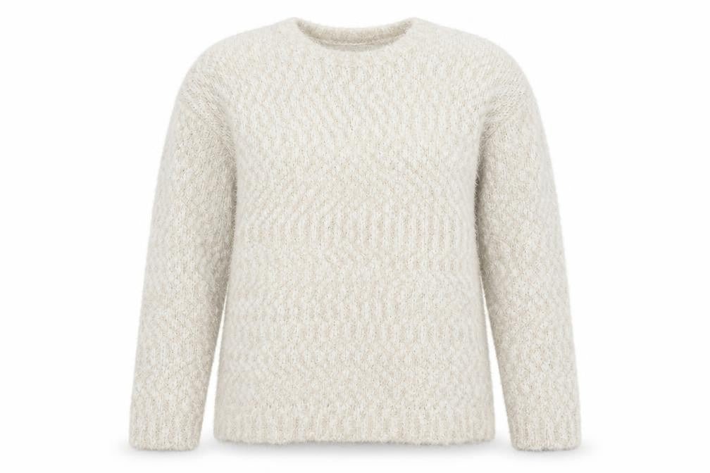 Front view of Amara Reya women’s beige scoop neck polyester jumper, size M