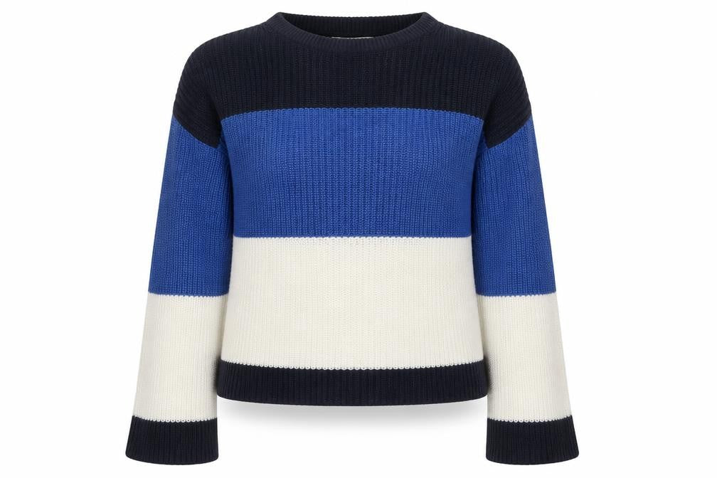 Front view of Papaya women’s multicoloured crew neck striped acrylic jumper, size M, - colourblock