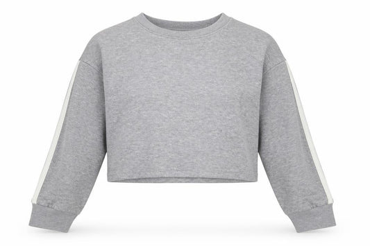Front view of Boohoo women’s grey striped polyester pullover sweatshirt, size UK 12, pullover