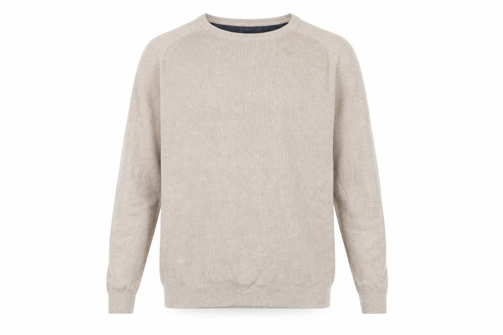 Front view of Burton men’s beige round neck polyester jumper, size S