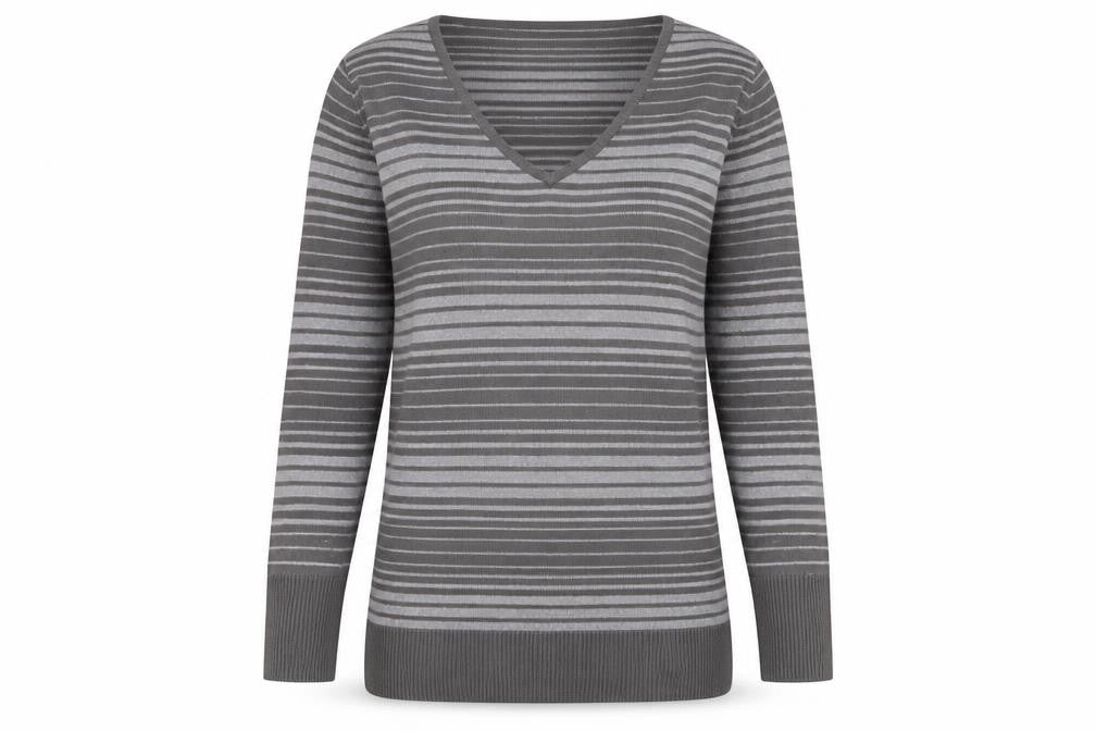 Front view of George women’s grey v-neck striped acrylic jumper, size UK 12