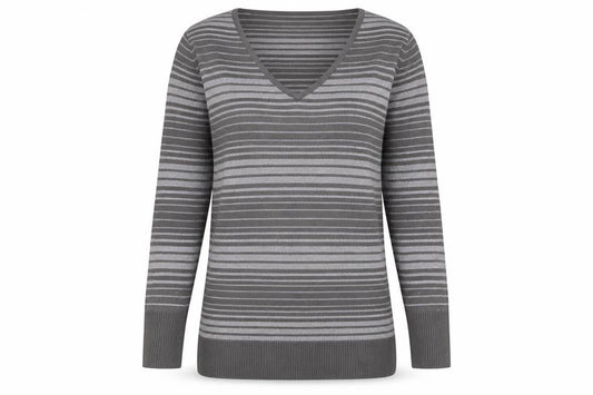 Front view of George women’s grey v-neck striped acrylic jumper, size UK 12