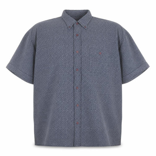 Front view of Trademark men’s blue geometric polyester button-up, size L, collared button