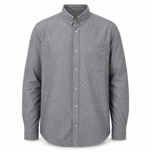 Front view of Industrialize men’s grey cotton button-up, size L, collared button
