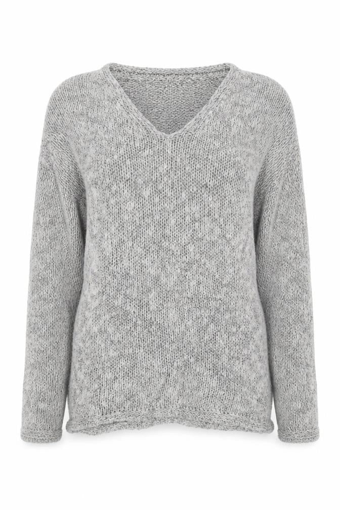 Front view of Marks & Spencer women’s grey v-neck cotton jumper, size UK 8