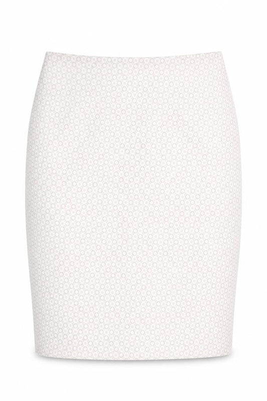 Front view of Marks & Spencer women’s pink geometric polyester a-line skirt, size UK 12, zip