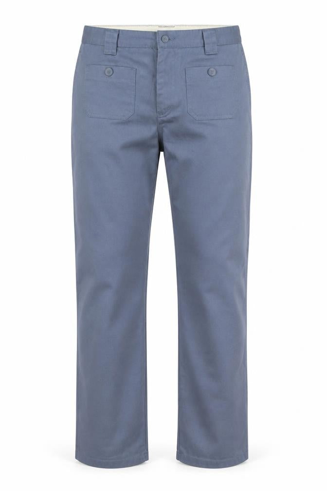Front view of Preworn women’s blue polyester straight jeans, size UK 16, 32-inch leg regular button