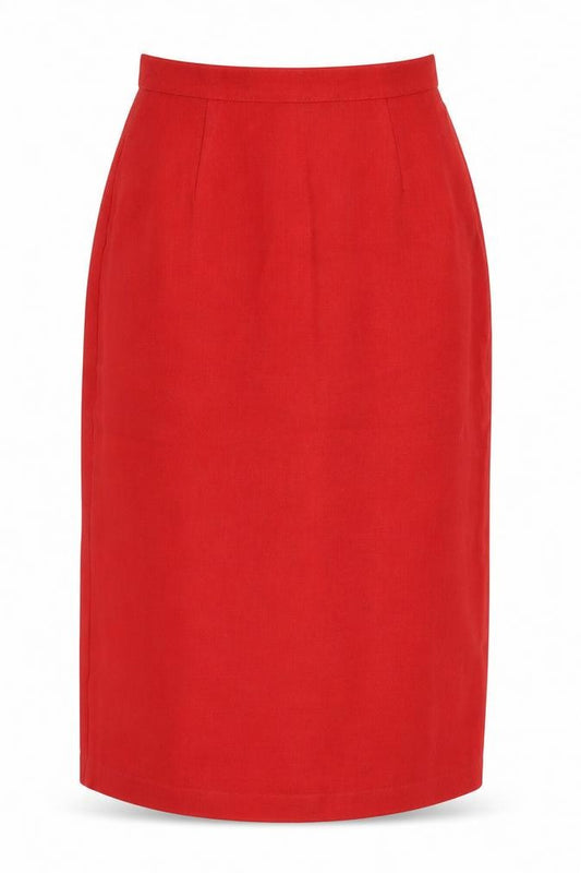 Front view of C&A women’s red polyester a-line skirt, size UK 12, zip
