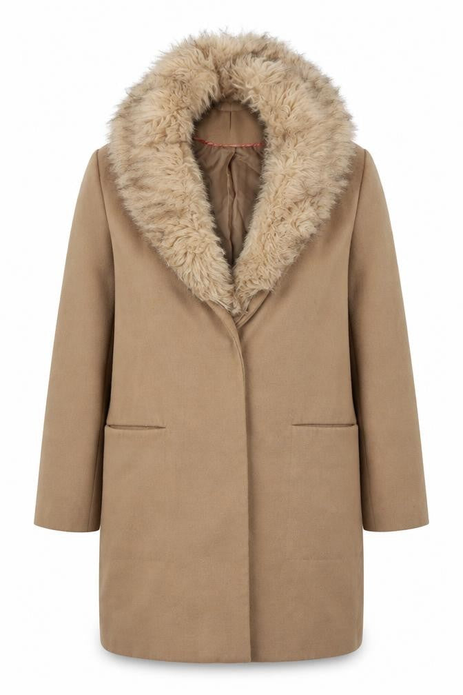 Front view of Atmosphere women’s beige pea coat coat, size UK 8, button