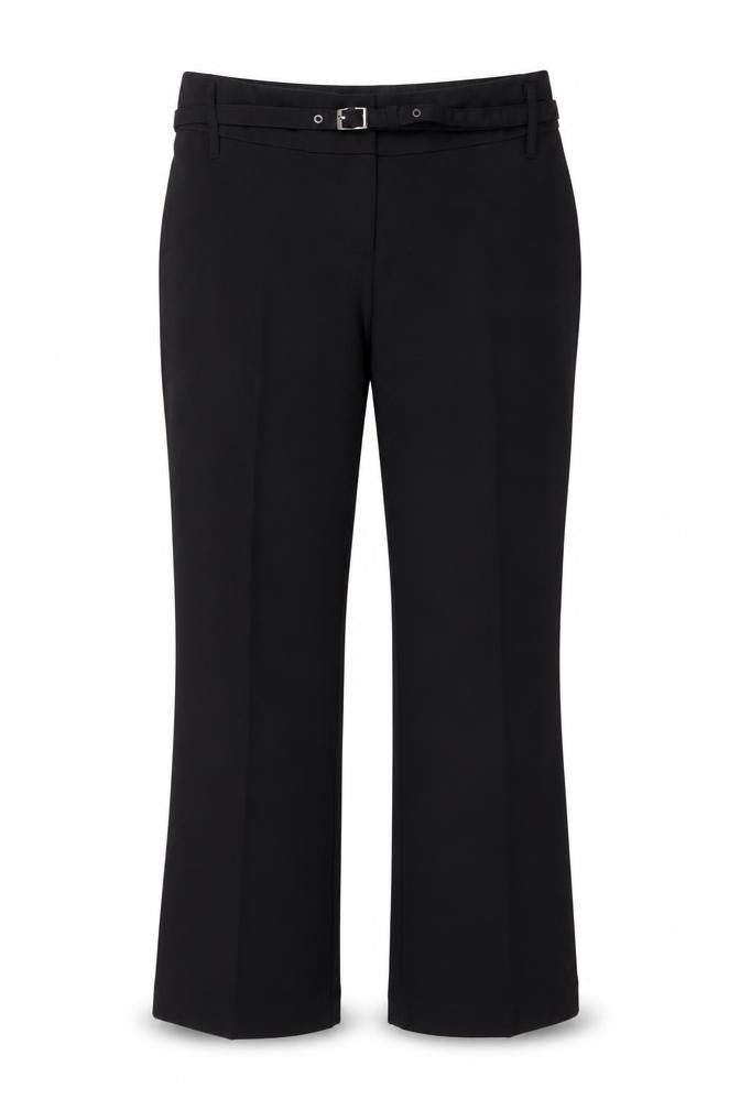 Front view of Next women’s black polyester trousers, size UK 12, 28-inch leg regular button