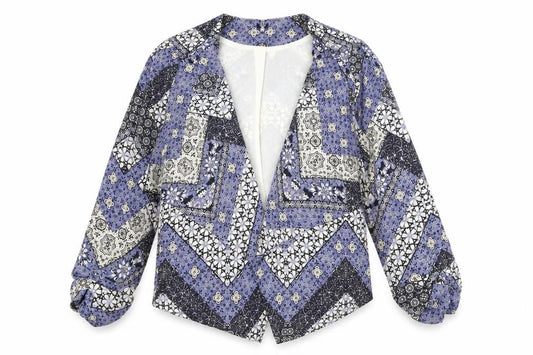 Front view of New Look women’s blue geometric jacket, size UK 14