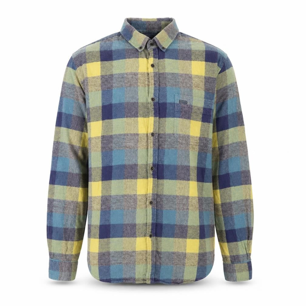 Front view of Garment Makers men’s blue check cotton button-up, size S, collared button