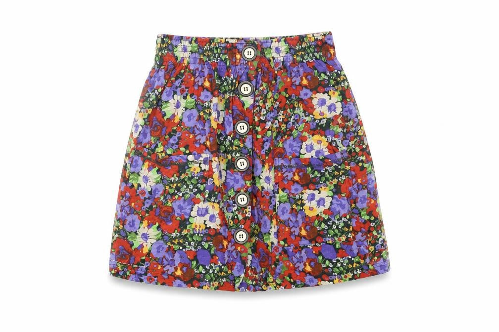 Front view of River Island women’s multicoloured floral cotton mini skirt, size UK 6, button