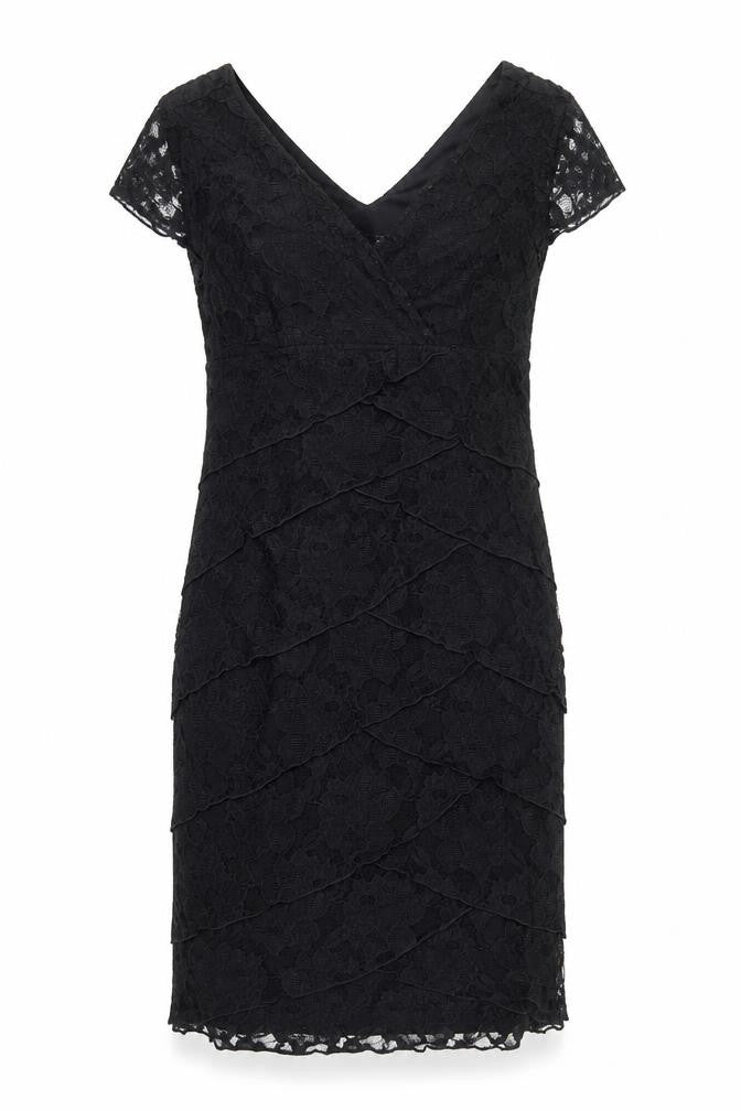 Front view of Scarlett women’s black polyester pencil dress, size UK 6, collared zip