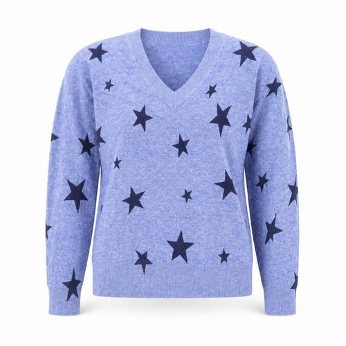 Marks and Spencer Womens Blue V-Neck Geometric Cotton Pullover Jumper Size S   - Star Print