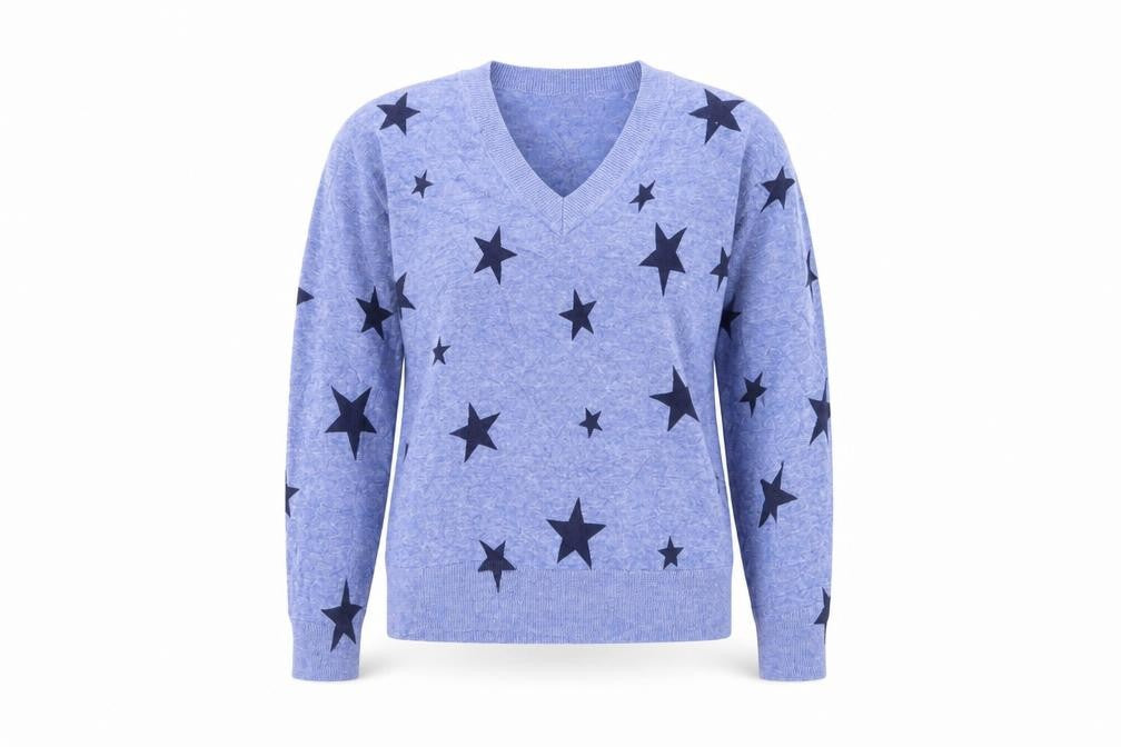Marks and Spencer Womens Blue V-Neck Geometric Cotton Pullover Jumper Size S   - Star Print
