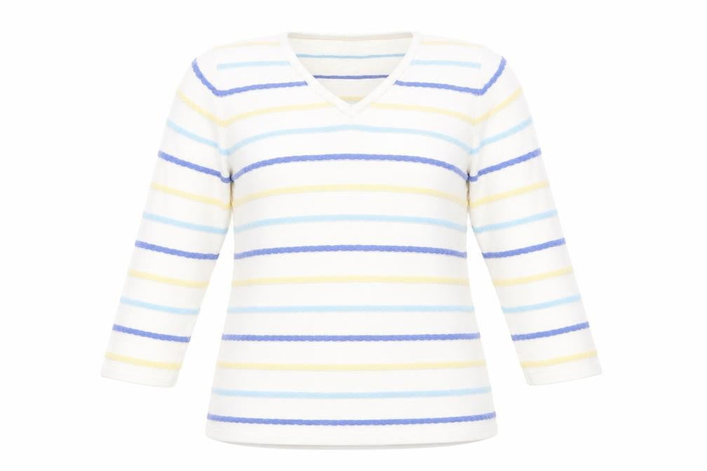 Front view of Isle women’s white v-neck striped cotton jumper, size UK 10