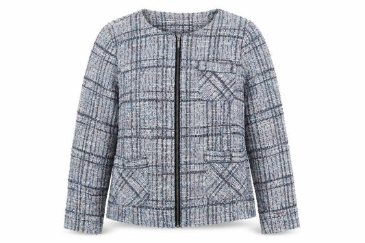 Front view of Klass women’s blue check jacket, size UK 14, zip