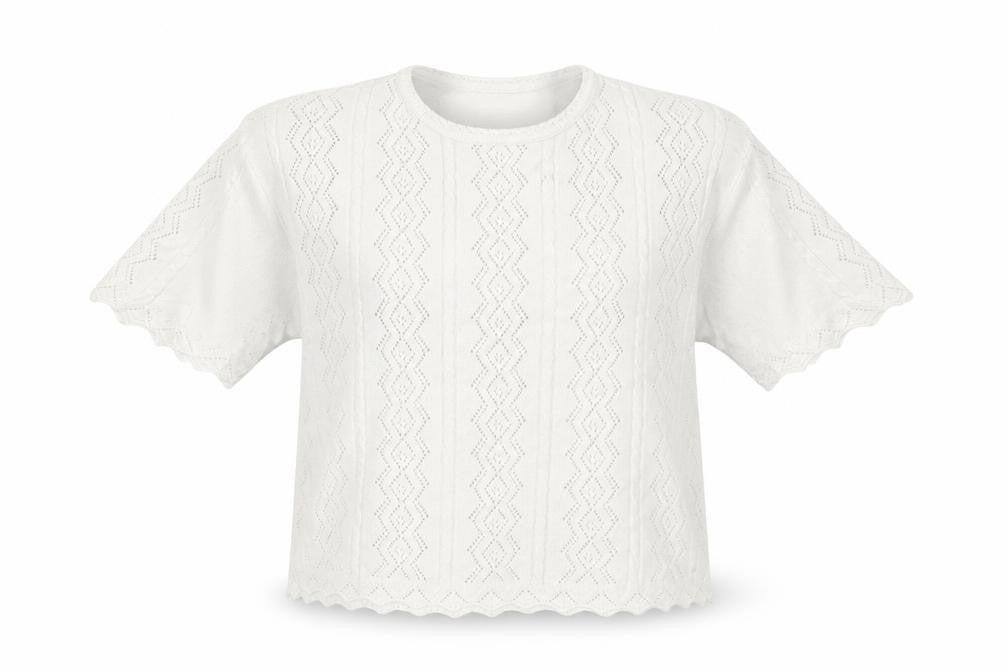 Front view of Berkertex women’s white crew neck geometric cotton jumper, size L