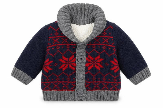 Front view of Nutmeg boys’ black geometric acrylic cardigan jumper one size button