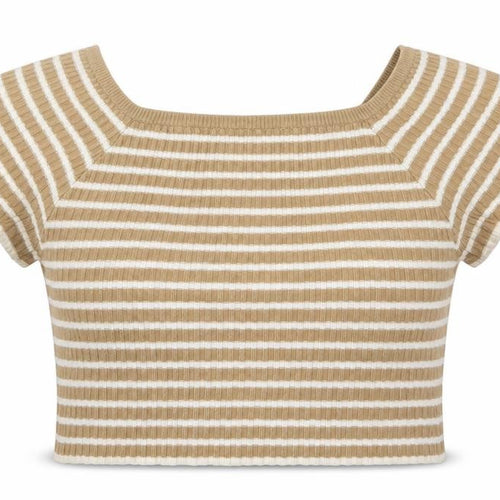 Rosario Womens Beige Striped Polyester Cropped T-Shirt Size M Square Neck