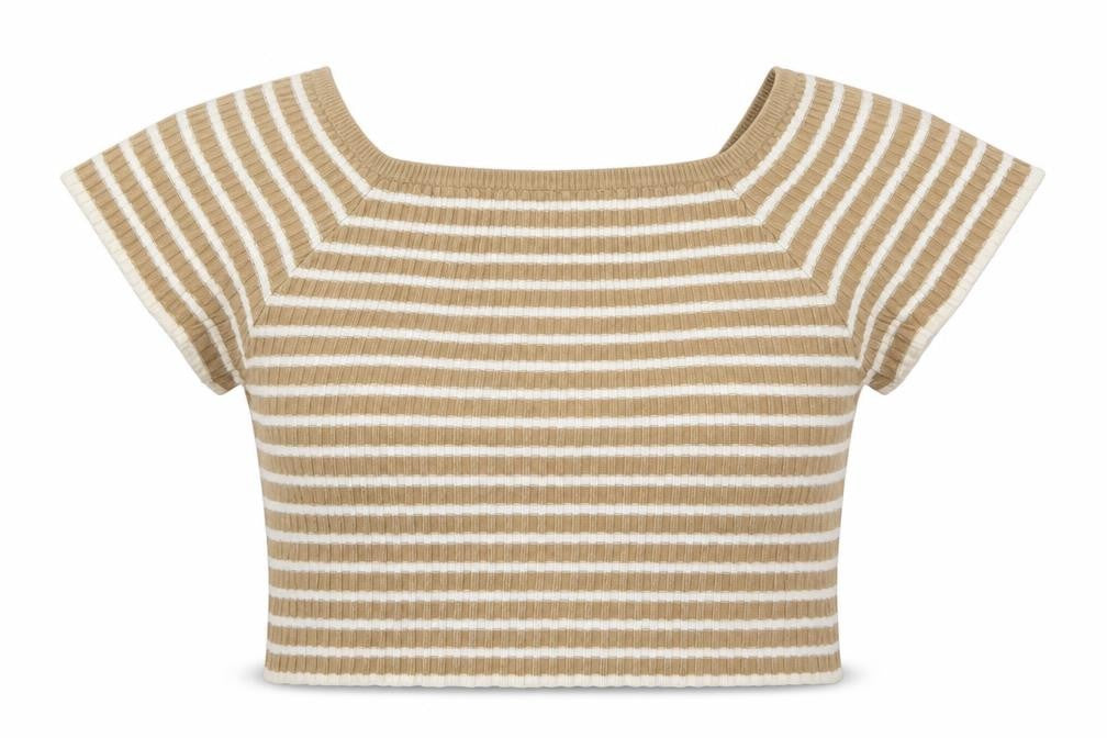 Rosario Womens Beige Striped Polyester Cropped T-Shirt Size M Square Neck