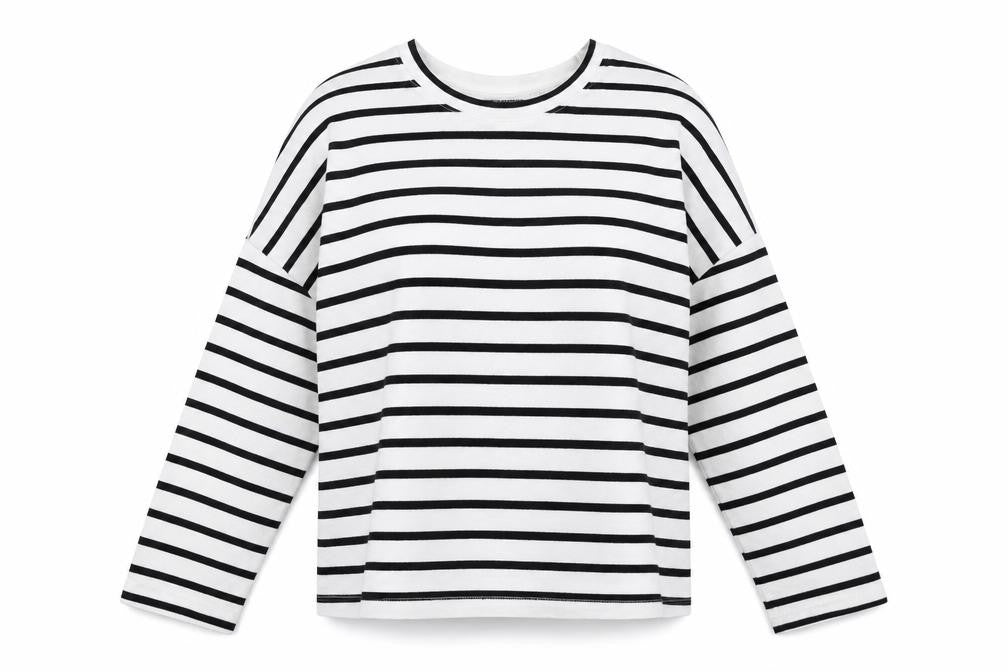 Front view of Monki women’s white round neck striped cotton jumper, size XS