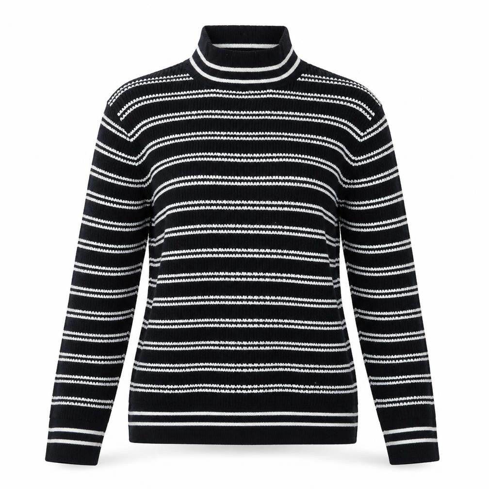 Front view of Savida women’s blue mock neck striped cotton jumper, size L