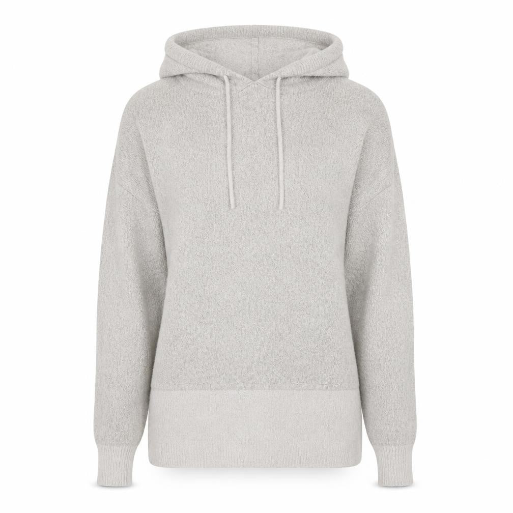 Front view of Select women’s beige acrylic pullover hoodie, size XL, pullover