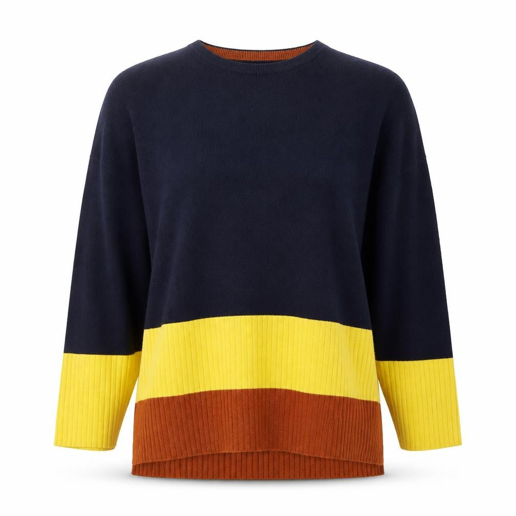 Front view of Warehouse women’s blue round neck striped polyester jumper, size UK 12
